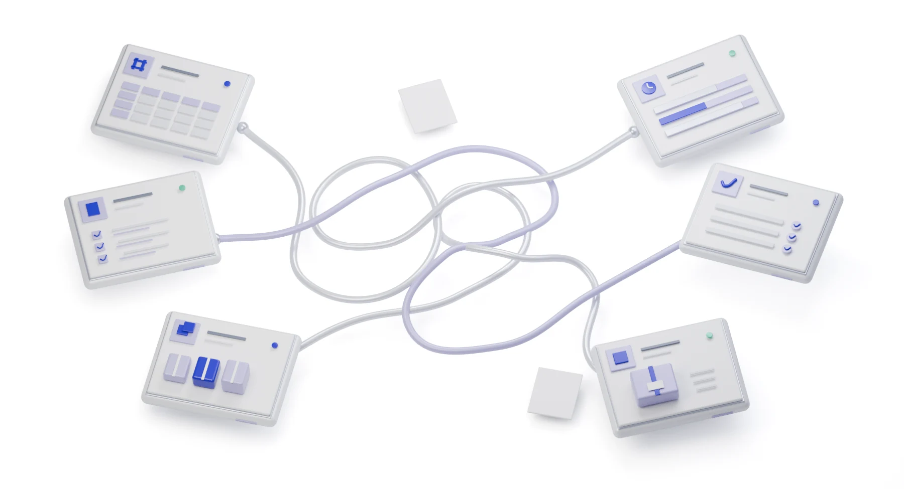 Three-dimensional illustration of scattered files and tangled connections